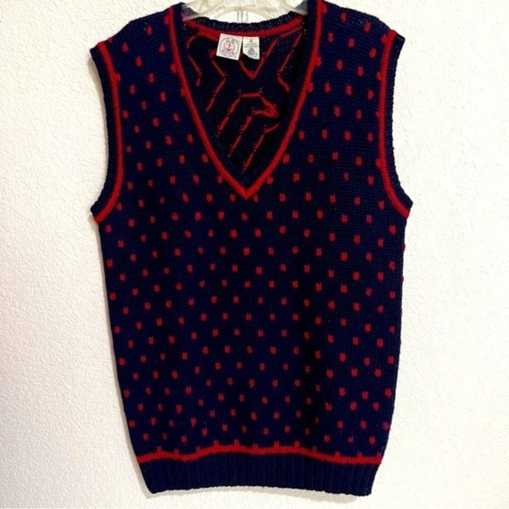 Vintage J.G. Hook Men's Navy & Red Wool Knit V Neck Vest Medium